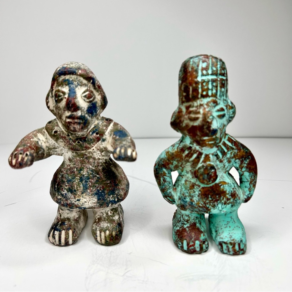 Vintage Mesoamerican Style Patina Figurines – Folk Art Decor Set (2)